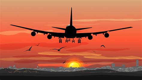 Sunset Airplane Landing Digital 4k 2190g Wallpaper Pc Desktop
