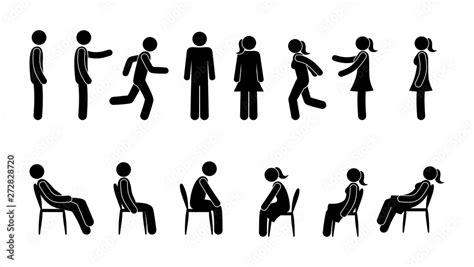 Basic Set Of Stick Figure Man Icon Pictogram Man And Woman In Various Poses People Stand Sit