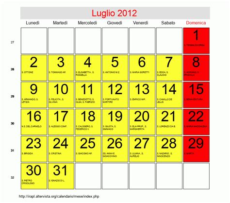 Calendario Di Luglio 2012