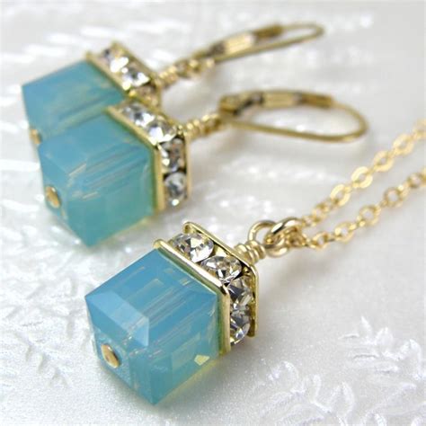 Green Opal Swarovski Crystal Jewelry Set Mint Cube Necklace And