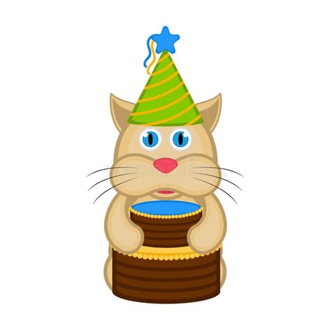 Cute Cat With A Party Hat And A Cake Stock Vector Illustration Of