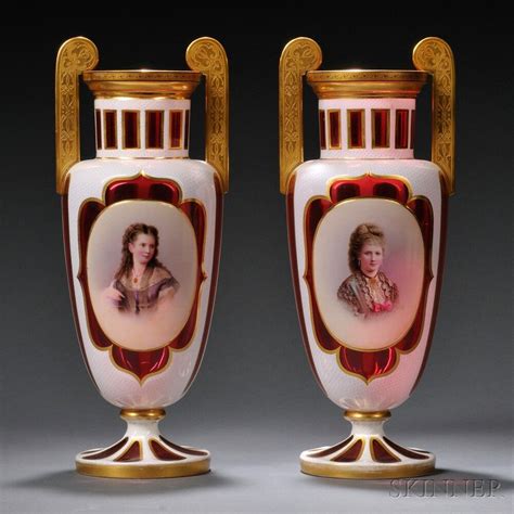 Pair Of Bohemian Overlay Glass Portrait Vases 19th Century Each White Cut To Cranberry With