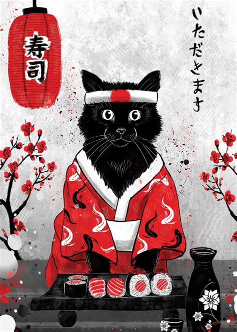 Sushi Cat Ruby Art Poster Picture Metal Print Paint By Ruby Art