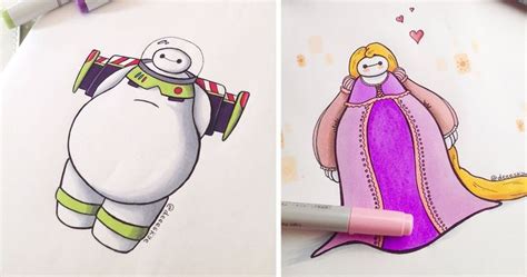 Self Taught 18 Year Old Illustrator Reimagines Baymax As Famous Disney Characters Cute Disney