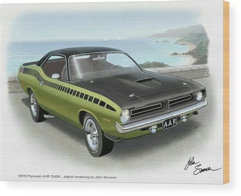1970 Barracuda Aar Cuda Muscle Car Sketch Rendering Wood Print By John