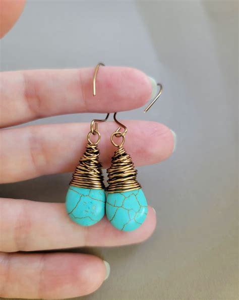 Turquoise Teardrops Earrings Wire Wrapped Earrings Turquoise Etsy