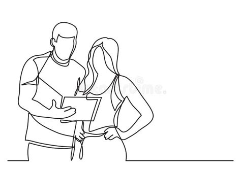 Continuous One Line Drawing Of Business People Standing With Gentle And