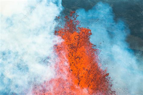 Aerial View Of Volcano Spewing Lava In Holuhraun Iceland Stock Image