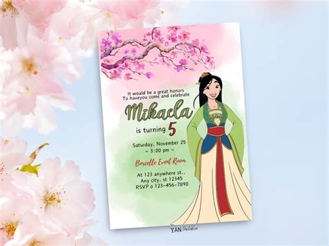 Editable Mulan Disney Princess Birthday Invitation Pink Green Free
