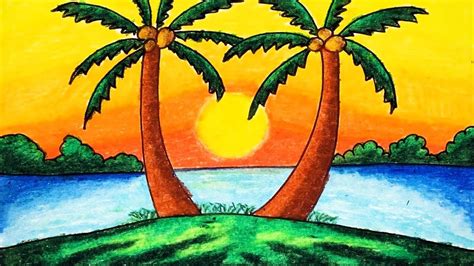 How to Draw Easy Scenery Drawing | Sunset Scenery Step by Step with Oil ... | Drawing sunset ...