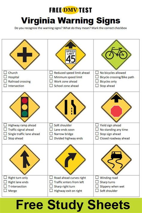 Road Signs Study Sheet