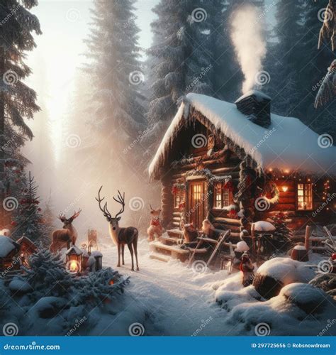 Santa Claus House At The North Pole With Reindeer Stock Illustration