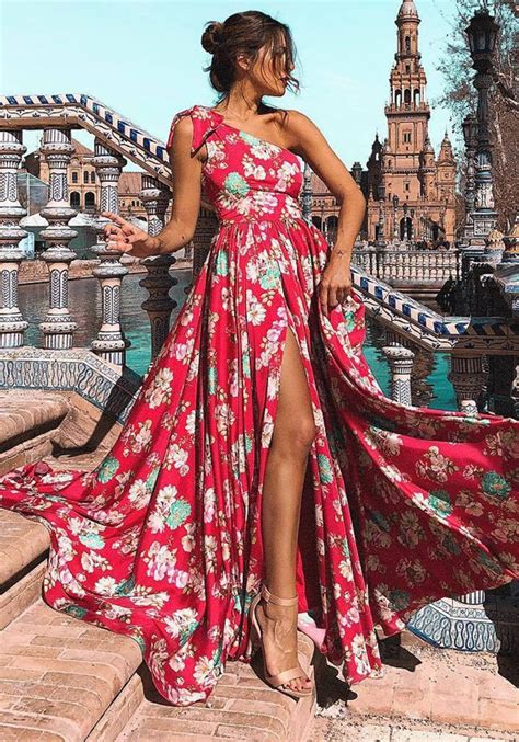 Red Floral Draped Bowknot Slit Asymmetric Shoulder High Waisted