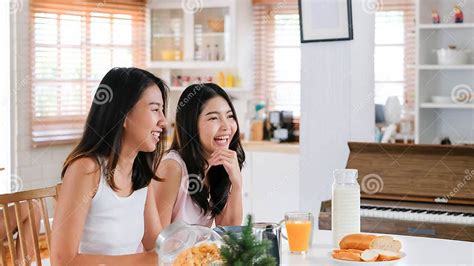 Happy Asian Lesbian Woman Couple Have Breakfast At House In Morning With Love And Tender Lgbtq