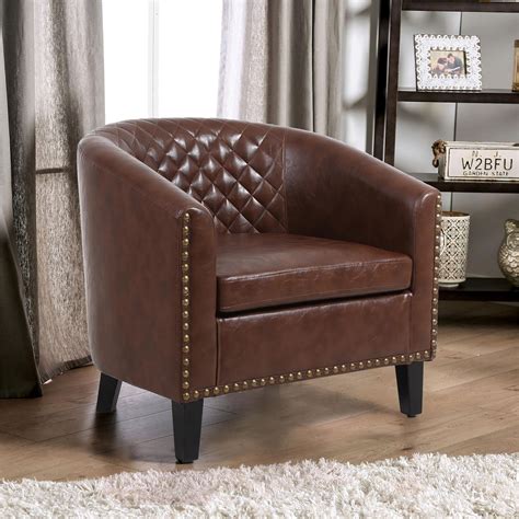 Accent Barrel Chair Leather Office Chair With Nailheads And Solid Wood