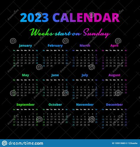 Simple 2023 Year Calendar Weeks Start On Sunday Stock Vector