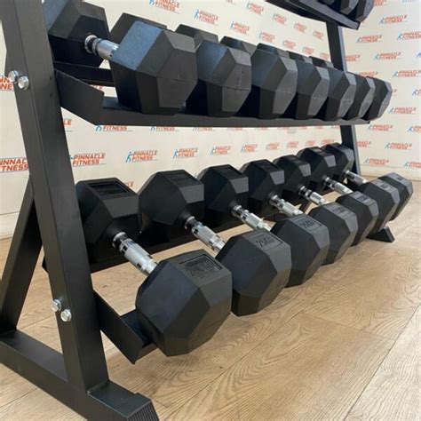 Hex Rubber Dumbbell Set 25kg To 30kg With Rack Pinnacle Fitness