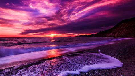 Beach During Purple Sunset Hd Purple Wallpapers Hd