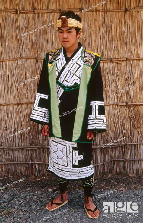 Man In Traditional Ainu Dress Poroto Kotan Hokkaido Japan Stock