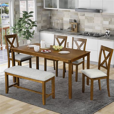 6 Piece Dining Table Set Modern Home Dining Set With Table Bench And 4