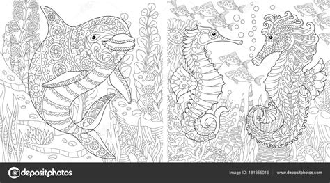 Zentangle Dolphin en Seahorse — Stockvector © Sybirko 181355016