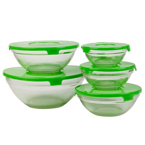 Set Of Five Glass Storage Serving Mixing Bowls Containers With Plastic Lids New Ebay