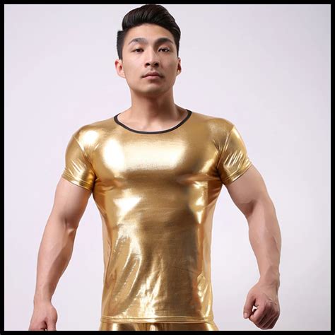 Man T Shirts Fashion Solid Fake Leather Male Funny Bodybuilding Tee Shirts Gay Sexy Golden Short