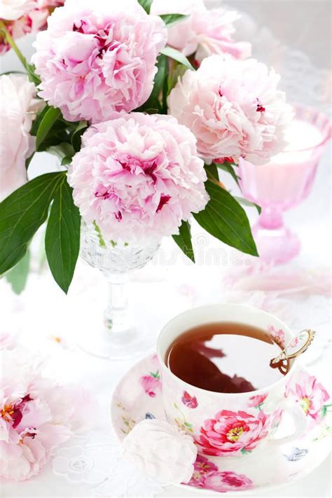 Floral Display Pink Peonies Tree Branches Afternoon Tea Tea Cups Art Pieces Vase Stock