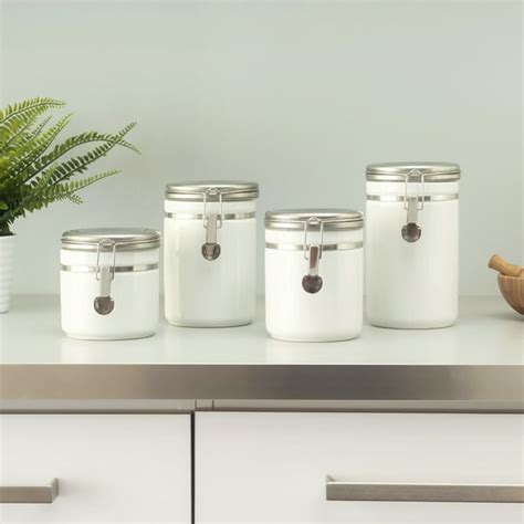 Hb 4 Piece Ceramic Canister Set With Stainless Steel Tops White