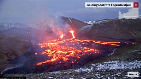 Iceland Eruption Continues Steadily Smaller Vent At Side Of Main Cone
