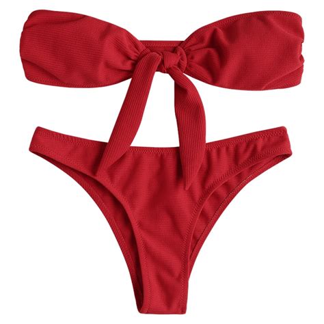 Sexy Spaghetti Strap Tie Front Bandeau Bikini Set Women Wire Free