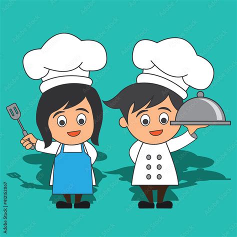 Chef Man And Woman With The Toque Holding A Dish Ready To Serve Cartoon Character Vector