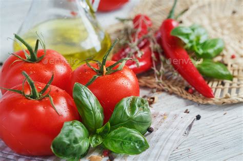 Italian Food Background With Tomatoes Basil Pasta Olive Oil Chili