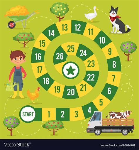 Vector Flat Style Illustration Of Kids Farm Board Game Template For