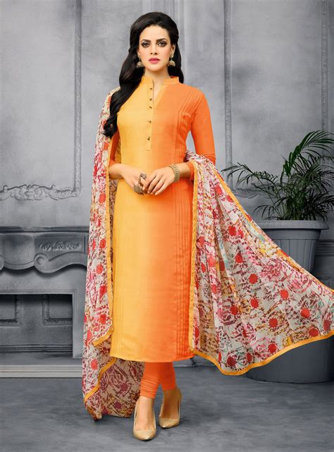 Orange Chanderi Churidar Salwar Suit 96451
