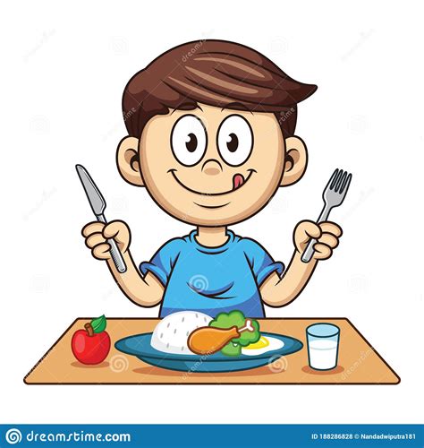 Boy Who Is Eating Nutritious Food With Milk And Fruit Cartoon Stock