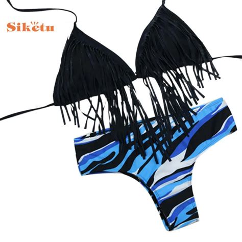 Bikini Women Bathing Suit Tassel Sexy Female Bikini Set Pad Up Swimsuits Fringe Top Swimwear