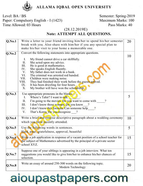 Aiou English 1423 Spring 2019 Past Papers