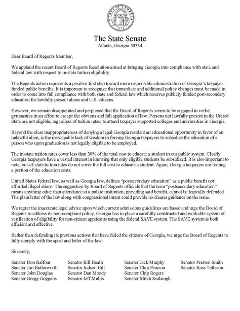 Immigration Letter To Board Of Regents Georgia Senate Press Office