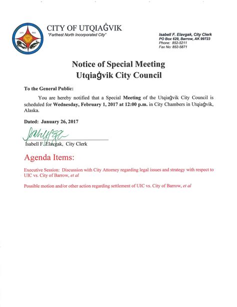 Notice Of Special Meeting The City Of Utqiagvik
