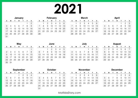 2021 Printable Free Calendar Horizontal Green Sunday Start Hd