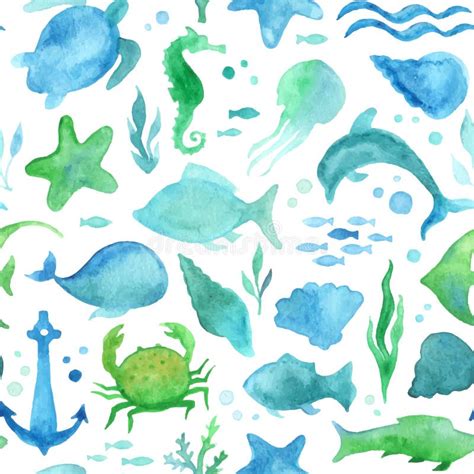 Seamless Watercolor Sea Life Pattern Stock Vector Illustration Of