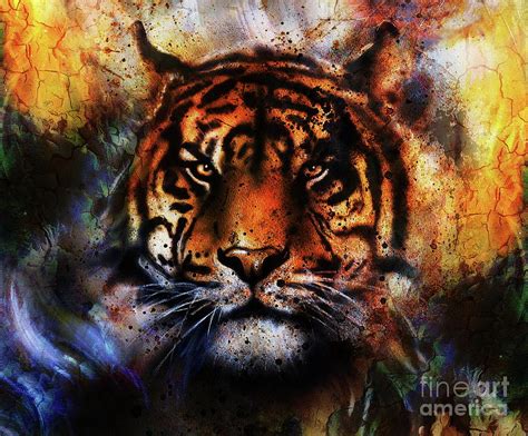 Portrait Tiger Face Profile Portrait On Colorful Abstract Background