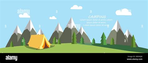 Tent Camping With Mountain And Trees Banner Stock Vector Image And Art