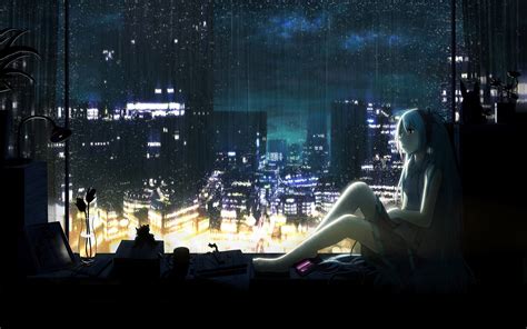 Wallpaper Window Cityscape Night Anime Girls Sitting Vocaloid