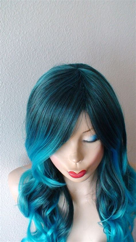 Blue Wig Long Curly Mermaid Teal Blue Ombre Wig Mermaid Wig Etsy