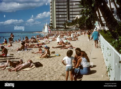 Tourists Fill Waikiki Beach In 1976 Travel Photo Hawaii Color Stock