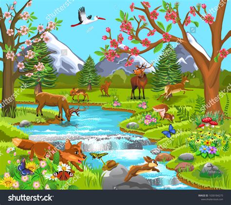 Cartoon Illustration Wild Animals Spring Natural Stock Vector Royalty