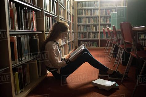 Beautiful Woman Reading Book In Library Room Stock Photo Dissolve