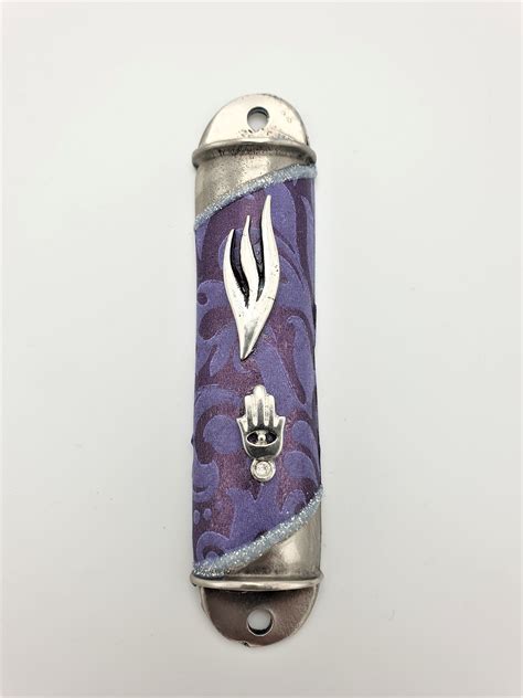 Buy Lily Art Mezuzah Made Of Striped Purple Pewter With Hamsa Israel